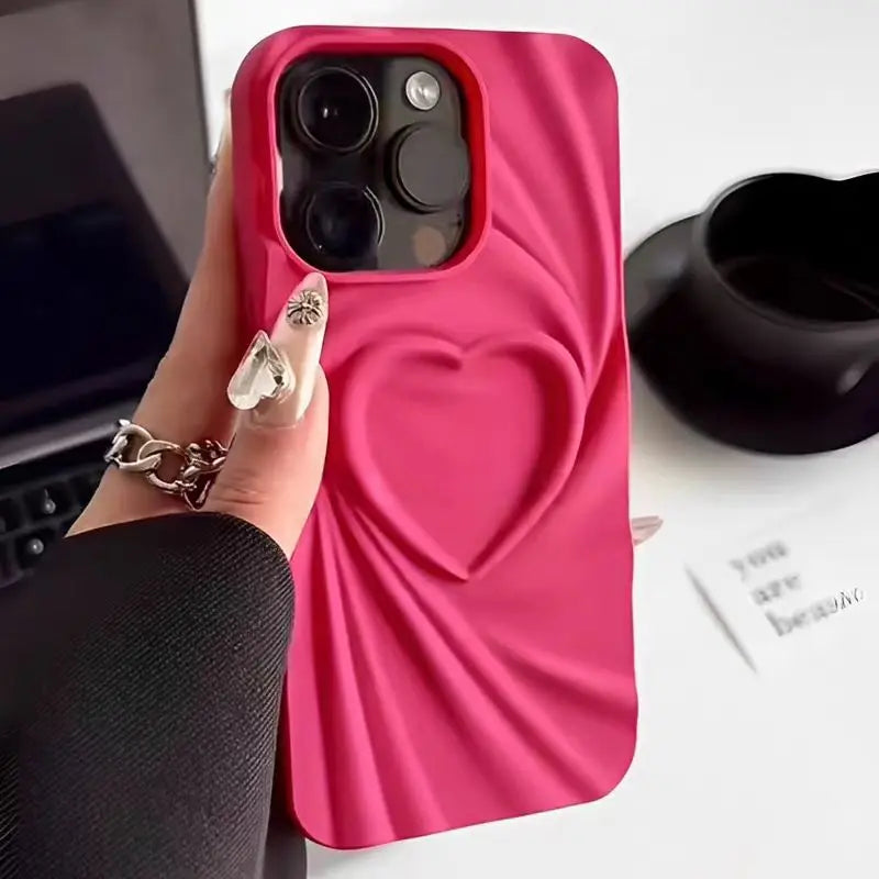 Fashion Fold Wrinkle 3D Love Heart iPhone Case rose