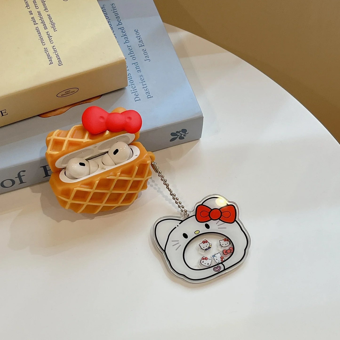 Waffle Design AirPods Case with Cute Cat Keychain