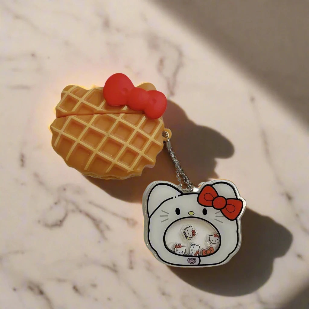 Waffle Design AirPods Case with Cute Cat Keychain