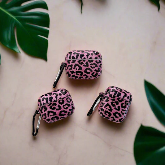 Cute Pink Leopard AirPods Case with Keychain