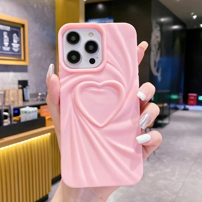 Fashion Fold Wrinkle 3D Love Heart iPhone Case pink