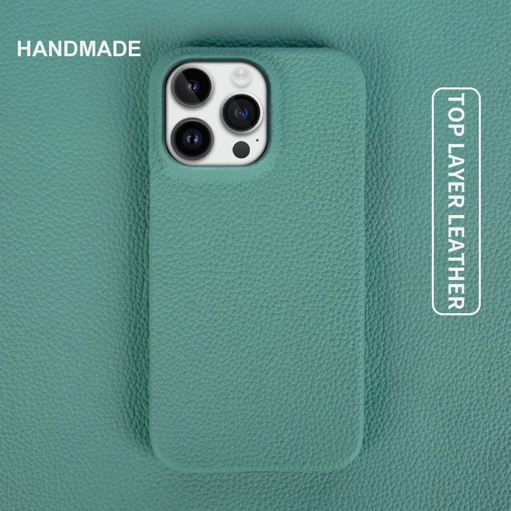 Luxury Handmade Genuine Leather iPhone Case cyan